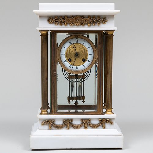Empire Style Gilt-Bronze-Mounted Marble Portico Mantel Clock