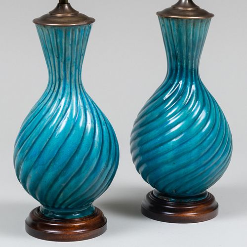 Pair of Turquoise Glazed Earthenware Lamps