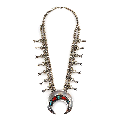 Navajo - Turquoise, Coral, and Silver Squash Blossom Necklace c. 1950s, 26" length (J16028-042)