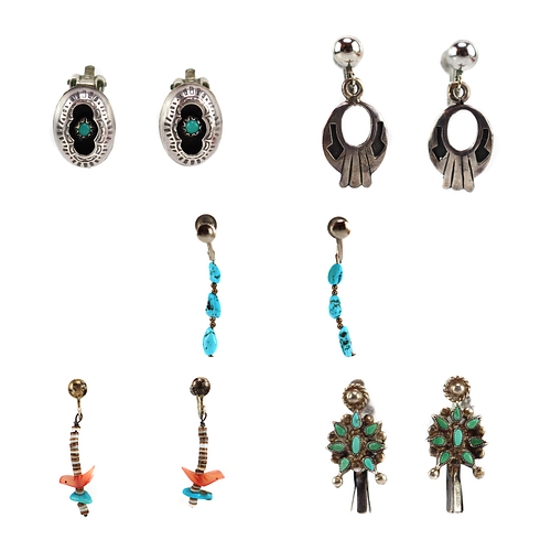 NO RESERVE Group of 5 Zuni, Navajo, and Hopi Earrings/Pins c. 1960-70s (J16028-002)