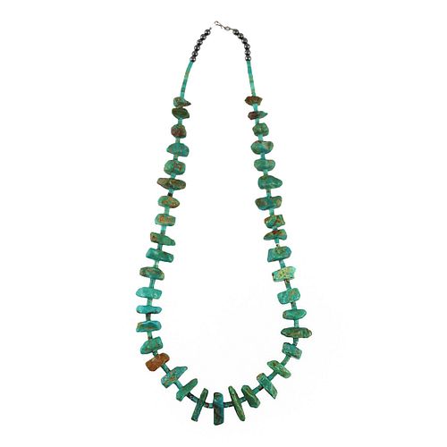Navajo Turquoise Nugget and Silver Beaded Necklace c. 1960s, 30" length (J90256C-1023-022)