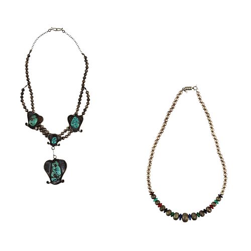 Set of 2 - Navajo Multi-Stone and Silver Beaded Necklace c. 1960s and Navajo 4 Stone Kingman Turquoise and Silver Beaded Necklace c. 1940s (J90256C-10