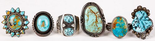 Six Navajo Indian silver and turquoise rings