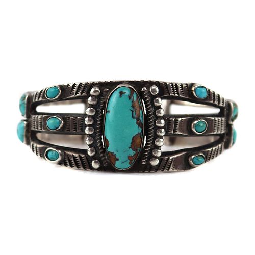 Attributed to Hosteen or Billy Goodluck - Navajo - Garden of the Gods The Indian - Turquoise and Ingot Bracelet c. 1924-1929, size 6.5 (J90256C-1023-0