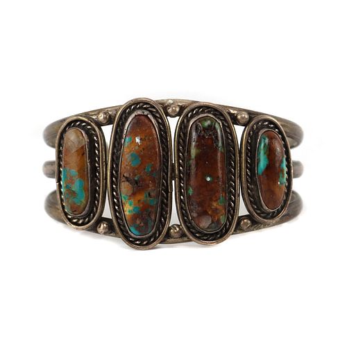 Navajo - Turquoise and Silver Bracelet with Four Oblong Stones c. 1940s, size 7 (J90256C-1023-014)