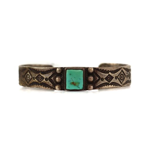 Navajo - Turquoise and Silver Ingot Bracelet with Square Stone c. 1920s, size 6.5 (J90256C-1023-016)