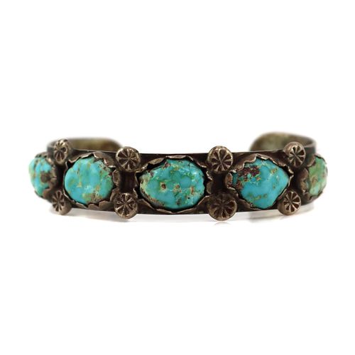 Navajo Turquoise and Silver Row Bracelet c. 1940s, size 6.5 (J90256C-1023-020)