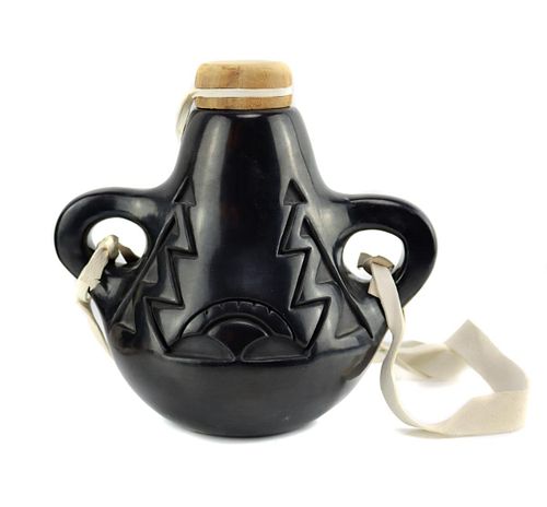 Cliff Roller (b. 1961) - Santa Clara Black Lidded Canteen with Carved Design c. 1994, 7" x 7.5" x 5.25" (P3791)