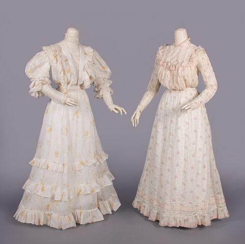 TWO PRINTED COTTON DAY DRESSES, c. 1905-1908