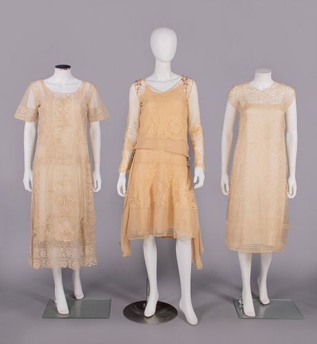 THREE EMBROIDERED OR CUTWORK AFTERNOON DRESSES, EARLY-MID 1920s