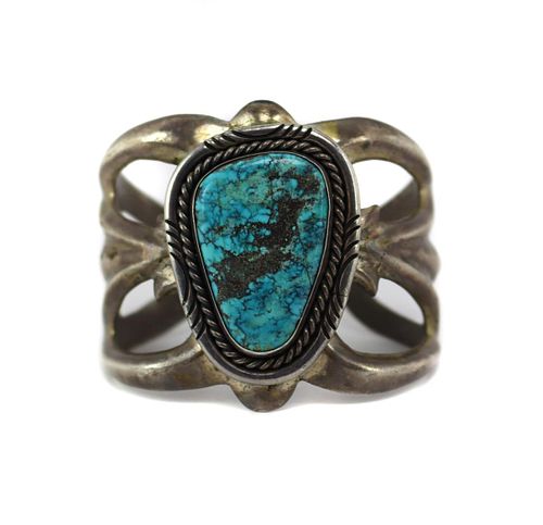 Navajo - Turquoise and Silver Sand Cast Bracelet c. 1960s (J90107B-1123-019)