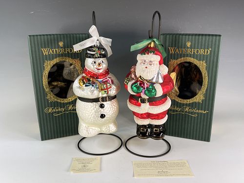 TWO WATERFORD HOLIDAY HEIRLOOMS GLASS SANTA & SNOWMAN IN BOX