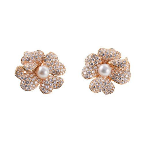 Cartier 9.28ctw Diamond Pearl 18k Gold Flower Earrings