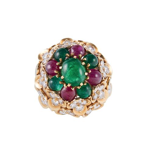 M. Gerard France 18k Gold Diamond Emerald Ruby Cabochon Cocktail Ring