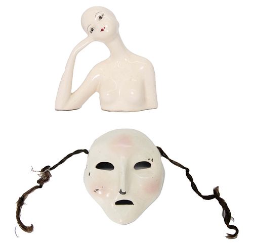 Group of Two: Ceramic Bust & Cast Iron Drama Mask