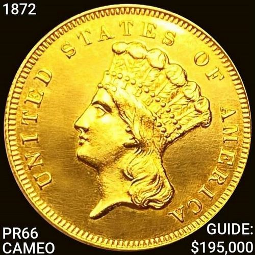 1872 $3 Gold Piece SUPERB GEM PROOF CAMEO