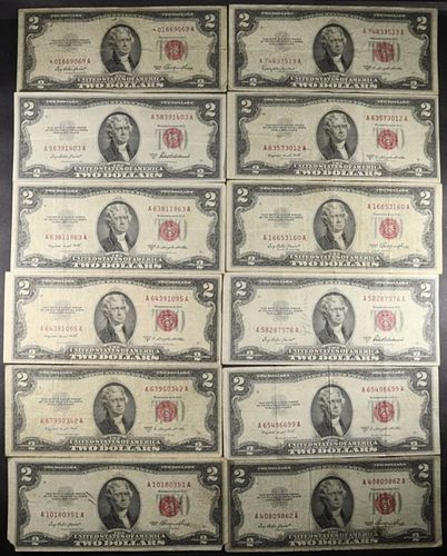 (12) 1953 US $2 LEGAL TENDER NOTES F