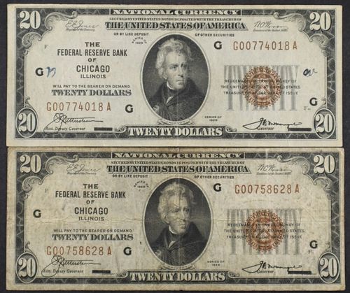 (2) 1929 $20 CHICAGO NATIONAL CURRENCY NOTES VF-XF