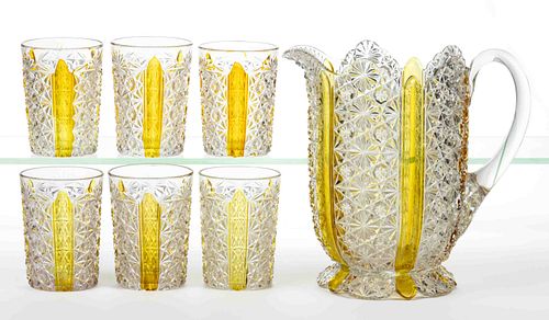 DUNCAN ELLROSE (OMN) / AMBERETTE (OMN) - AMBER-STAINED PITCHER - SEVEN-PIECE WATER SET