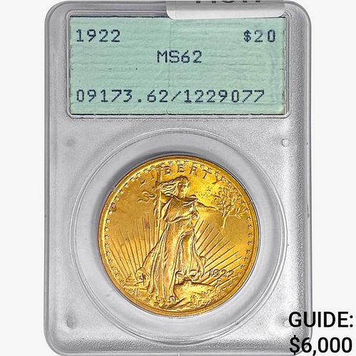 1922 $20 Gold Double Eagle PCGS MS62