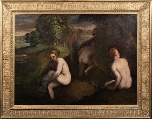NUDE BATHING IN A LANDSCAPE OIL PAINTING