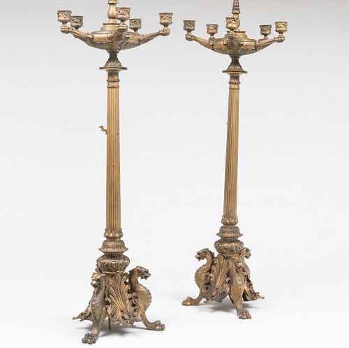 Pair of Napoleon III Gilt-Bronze Candelabra, Now Mounted as Lamps