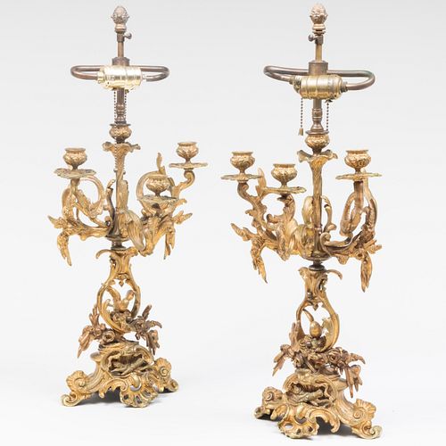 Pair of Louis XV Style Gilt-Bronze Candelabra Mounted as Lamps