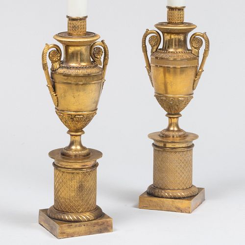 Pair of Empire Ormolu Urn-Form Candlestick Lamps