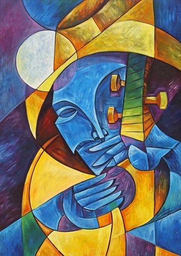 SIGNED SALAZAR PAINTING MUSICIAN & THE MOON