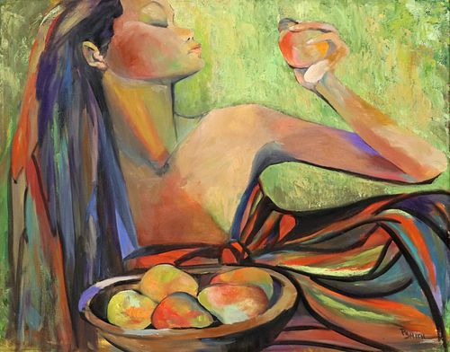 P. SMITH ACRYLIC PAINTING ON CANVAS, WOMAN & FRUIT