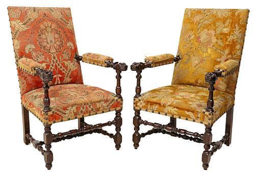 (2) FRENCH LOUIS XIII STYLE HIGHBACK FAUTEUILS