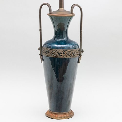 Continental Blue Glazed Porcelain Vase Mounted as a Lamp