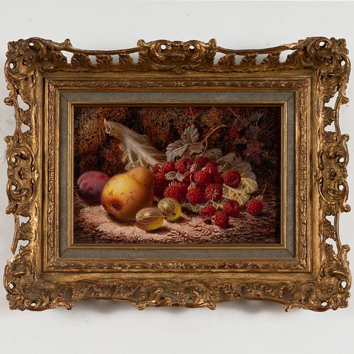 Oliver Clare (1853-1927): Gooseberries, a Pear, Plum, and Raspberries on a Cabbage Leaf 
