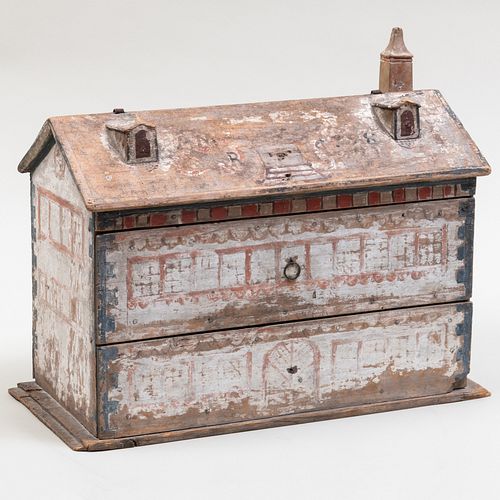 Folk Art Painted Two Drawer Toy Chest in the Form of a House 