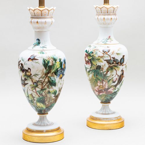 Pair of Napoleon III Painted Opaline Vases Mounted as Lamps