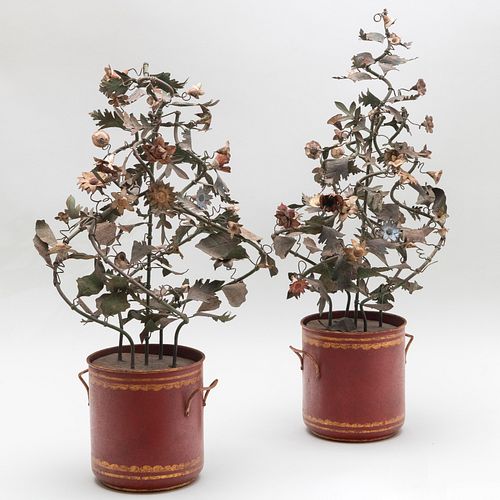 Pair of Painted Tôle Cachepots with Tôle Flowers 