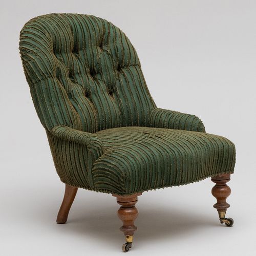 Victorian Tufted Upholstered Walnut Slipper Chair