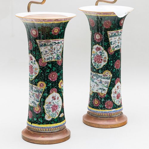 Two Chinese Famille Noire Porcelain Ribbed Vases Mounted as Lamps