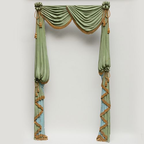 Pair of Painted and Parcel-Gilt Wood Faux Pelmets and Tasseled Curtains