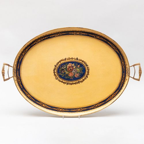 Cream Tole Tray with Brass Handles, Possibly Russian 