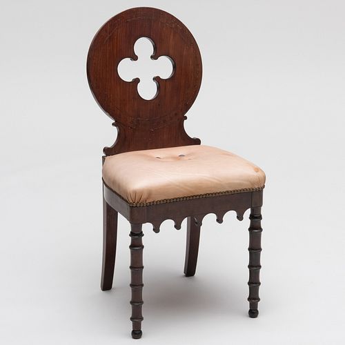 Charles X Inlaid Mahogany and Leather Upholstered Chaise, in the Neo-Gothic Taste