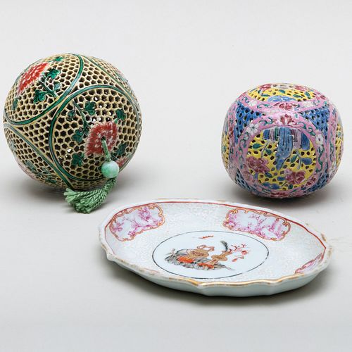 Two Chinese Porcelain Pomander Balls and a Chinese Export Porcelain Pin Tray 