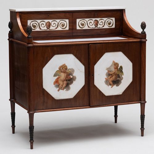 Continental Neoclassical Painted White Marble Plaques and Mahogany Cabinet, Possibly German 