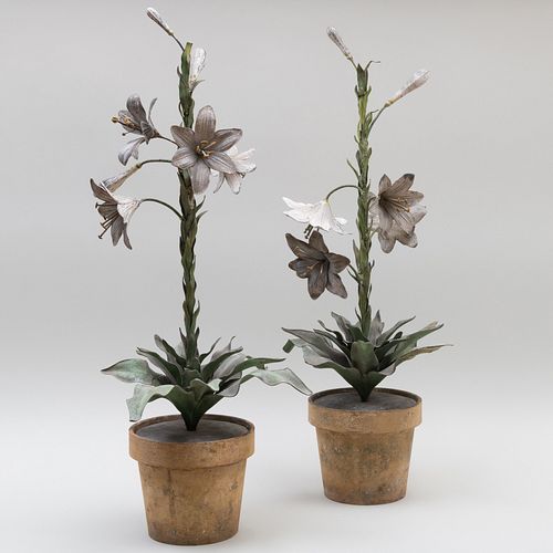 Pair of French Tôle Models of Lillies in Ceramic Pots 