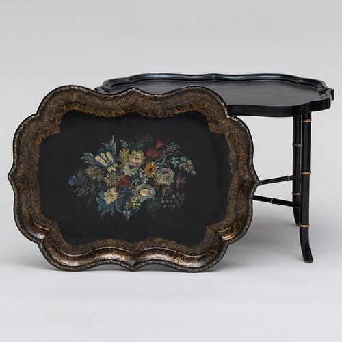 Victorian Polychrome and Parcel-Gilt Painted, Inlaid Mother-of-Pearl Papier Mâché Tray on Later Stand