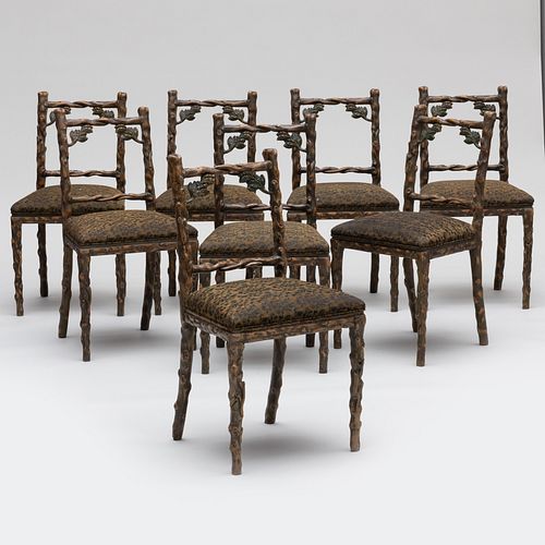 Set of Eight Rustic Painted Twig Side Chairs 