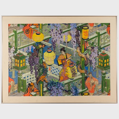 20th Century School: Design for Japanese Wisteria with Figures and Lanterns 