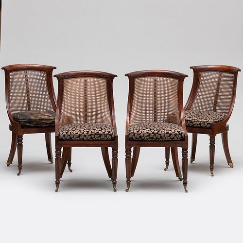 Pair of George IV Simulated Rosewood and Caned Slipper Chairs and a Pair of Later Copies 