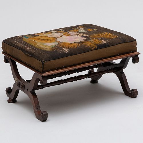 Victorian Rosewood X-Frame Stool with Needlework Seat