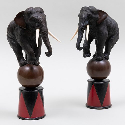 Pair of Japanese Bronze Models of Circus Elephants on Stands 